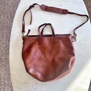 Madewell Leather Crossbody Transport Tote Cognac Brown Leather Zip Top Classic